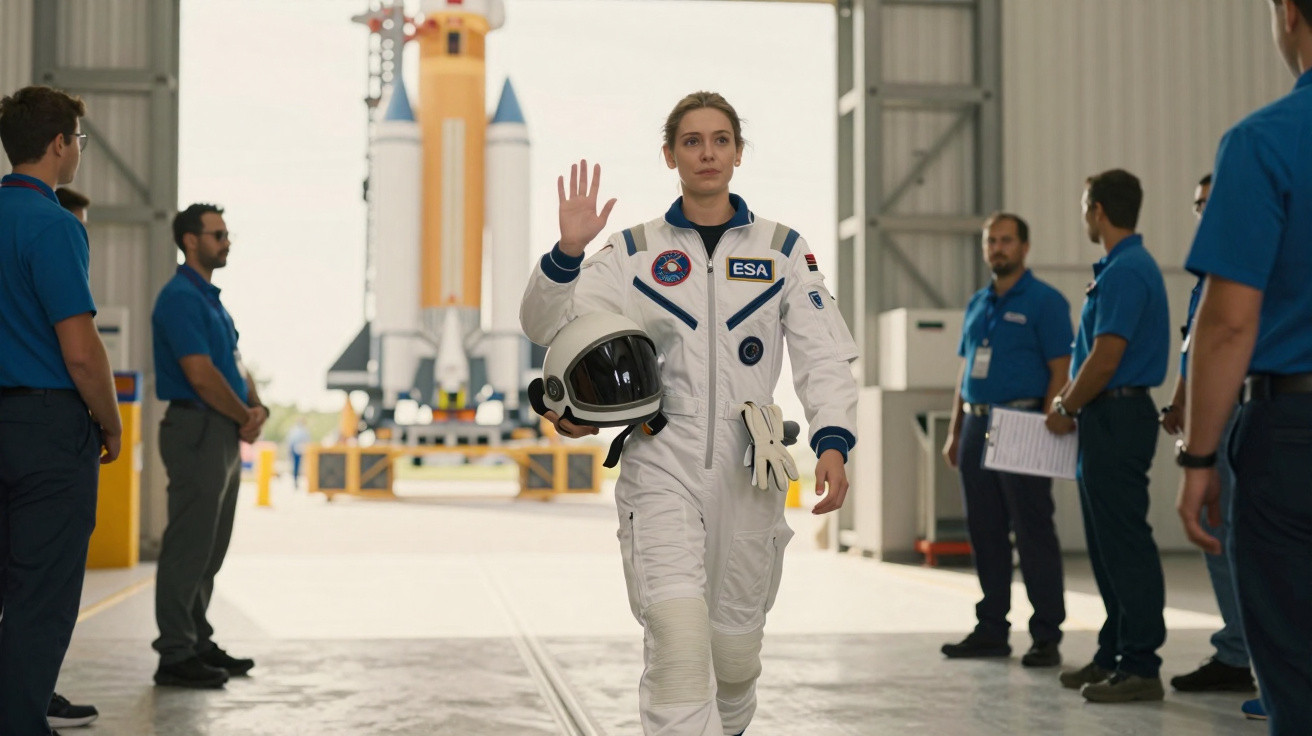 Astronauta mulher em traje branco acenando, segurando capacete, com equipe e foguete ao fundo em hangar.
