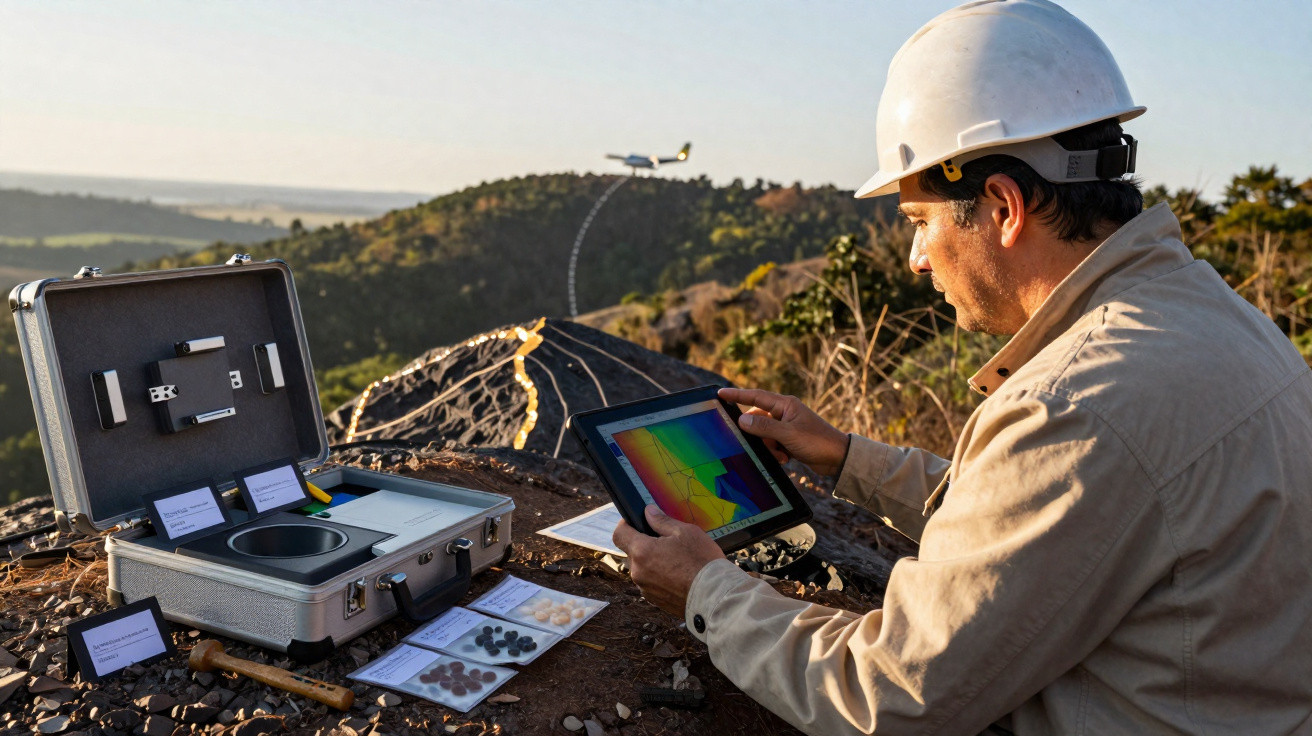 Homem com capacete usando tablet para analisar dados geológicos em área de mineração ao ar livre.