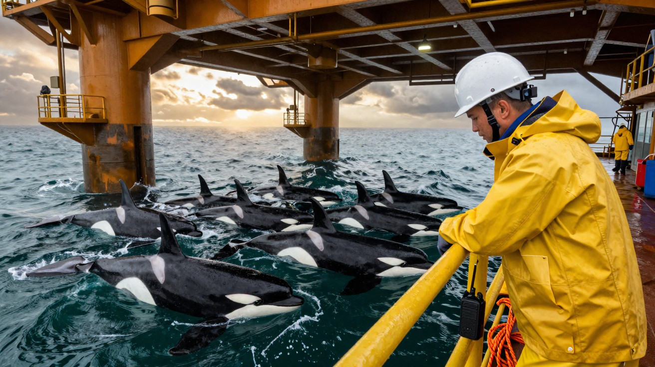 Homem de capacete e capa amarela observa grupo de orcas próximas a plataforma no mar.