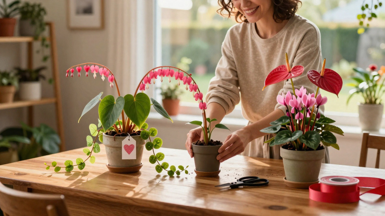 Mulher cuidando de plantas em vasos com flores cor-de-rosa em mesa de madeira iluminada pela luz natural.