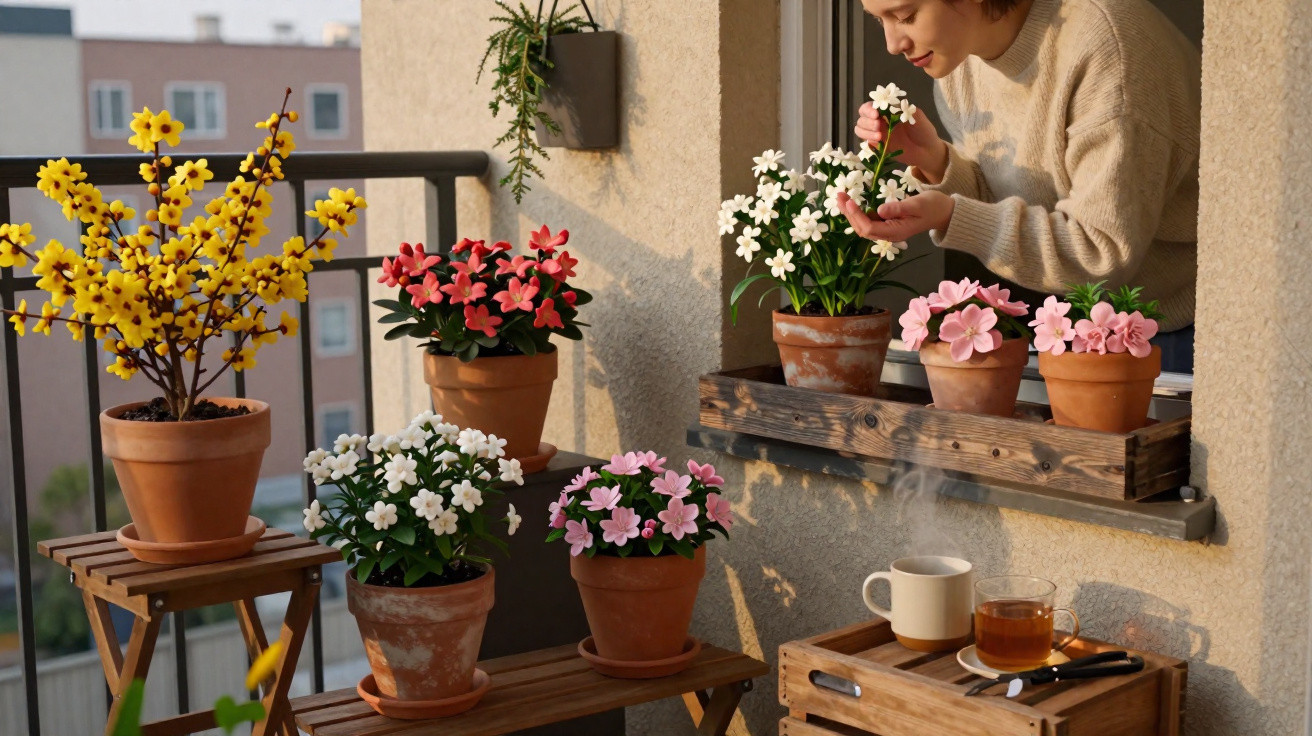 Mulher cuidando de flores coloridas em vasos de barro numa varanda ensolarada.