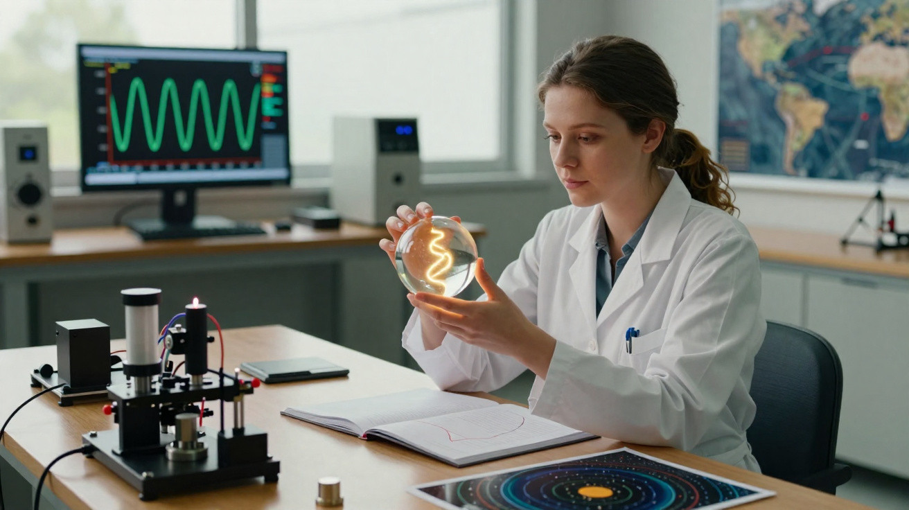 Mulher cientista em laboratório segurando esfera luminosa com equipamentos e gráficos ao fundo.