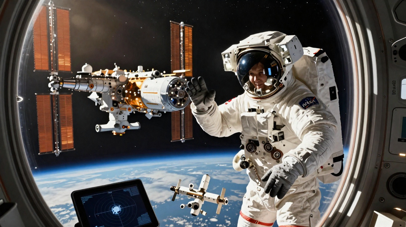 Astronauta em traje espacial acena do lado de fora da estação espacial com Terra ao fundo vista pela janela.