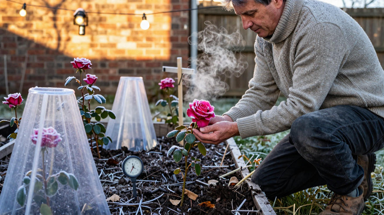 Homem cuida de rosas com geada ao amanhecer em canteiro de jardim com termômetro e proteção plástica.