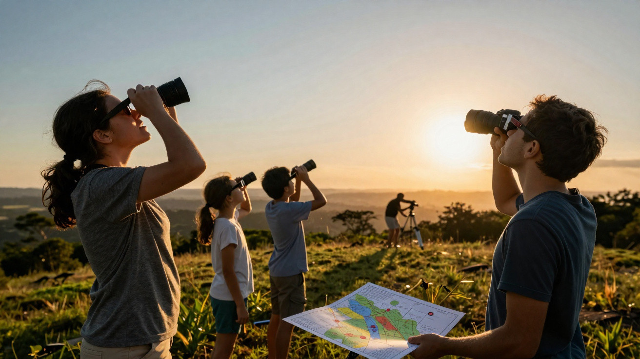 Grupo observando o céu com binóculos ao pôr do sol em campo aberto, com mapa nas mãos de um deles.
