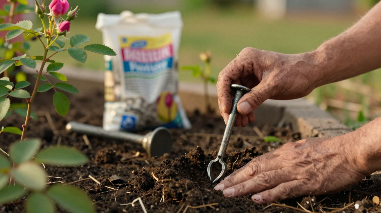 Mãos de pessoa plantando sementes em solo com ferramentas de jardim e flor rosa ao lado.