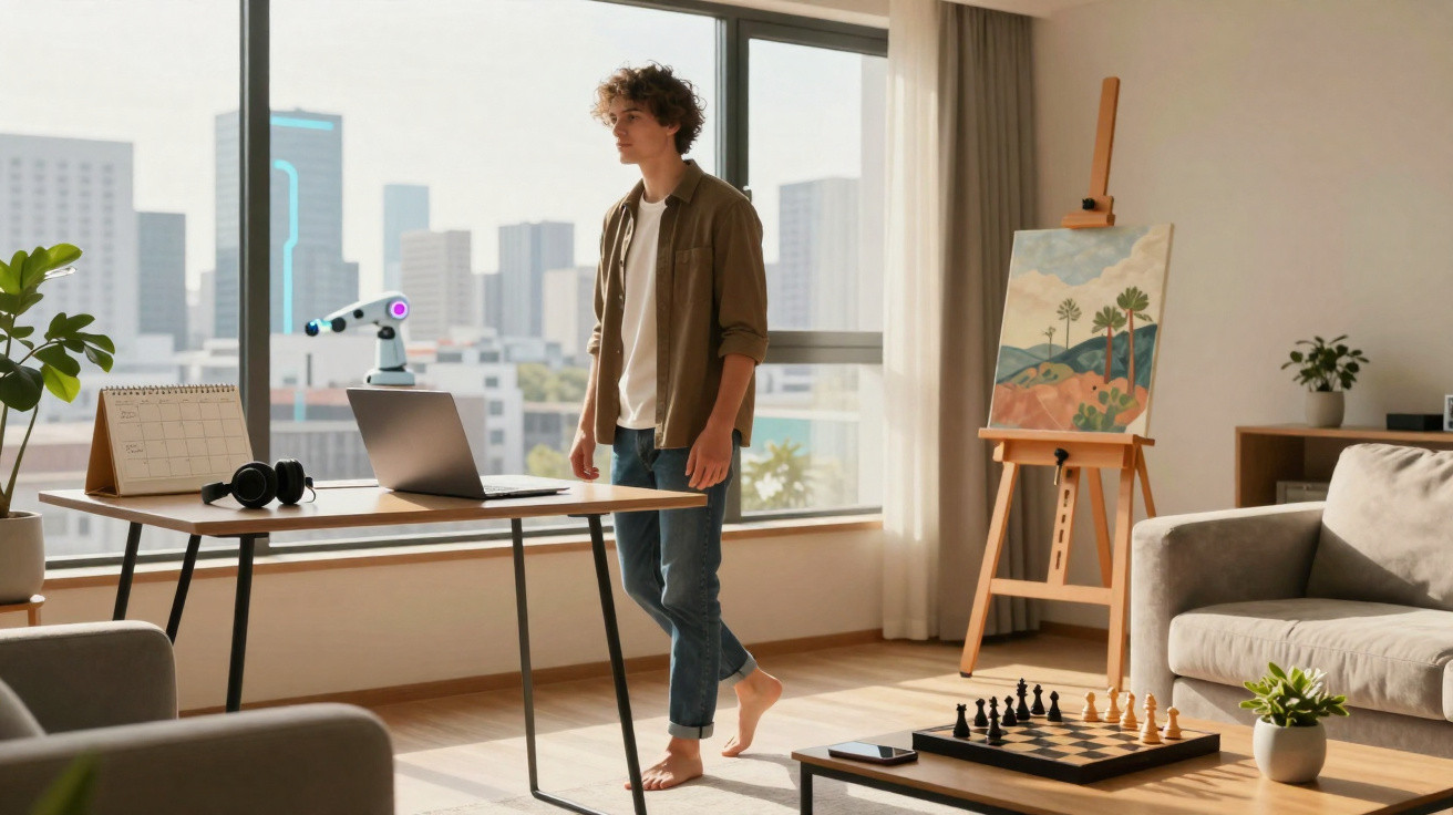 Jovem descalço em ambiente moderno com mesa, laptop, telescópio, tabuleiro de xadrez e pintura em cavalete.