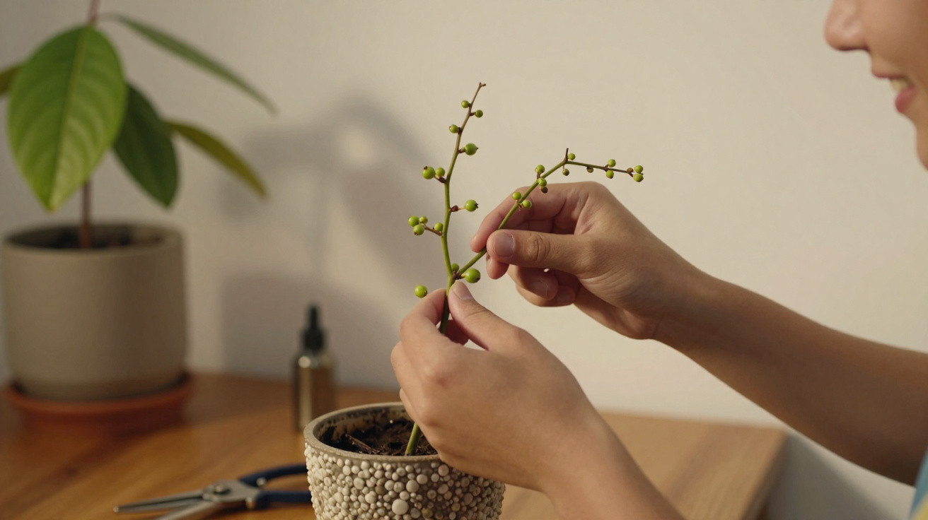 Mãos femininas cuidando de planta com pequenos frutos em vaso decorativo sobre mesa de madeira.
