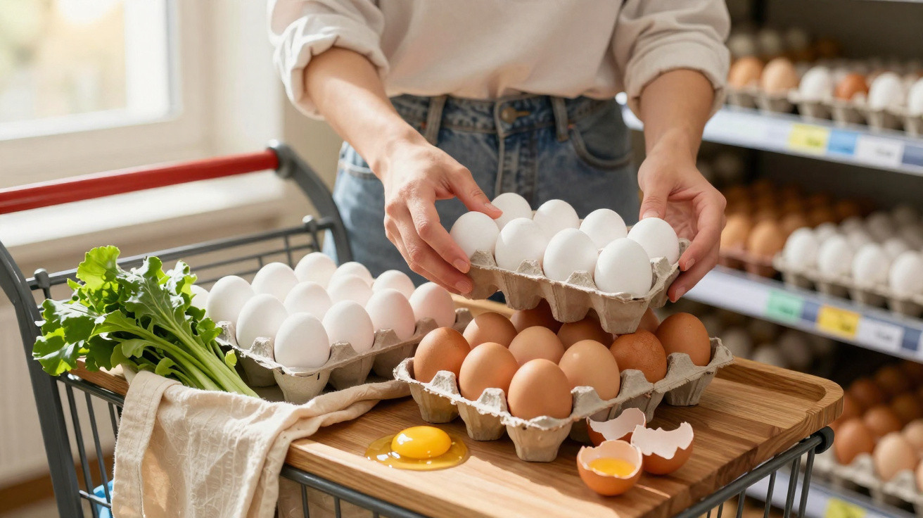 Pessoa escolhendo ovos brancos e marrons no carrinho de supermercado com ovos e verduras.