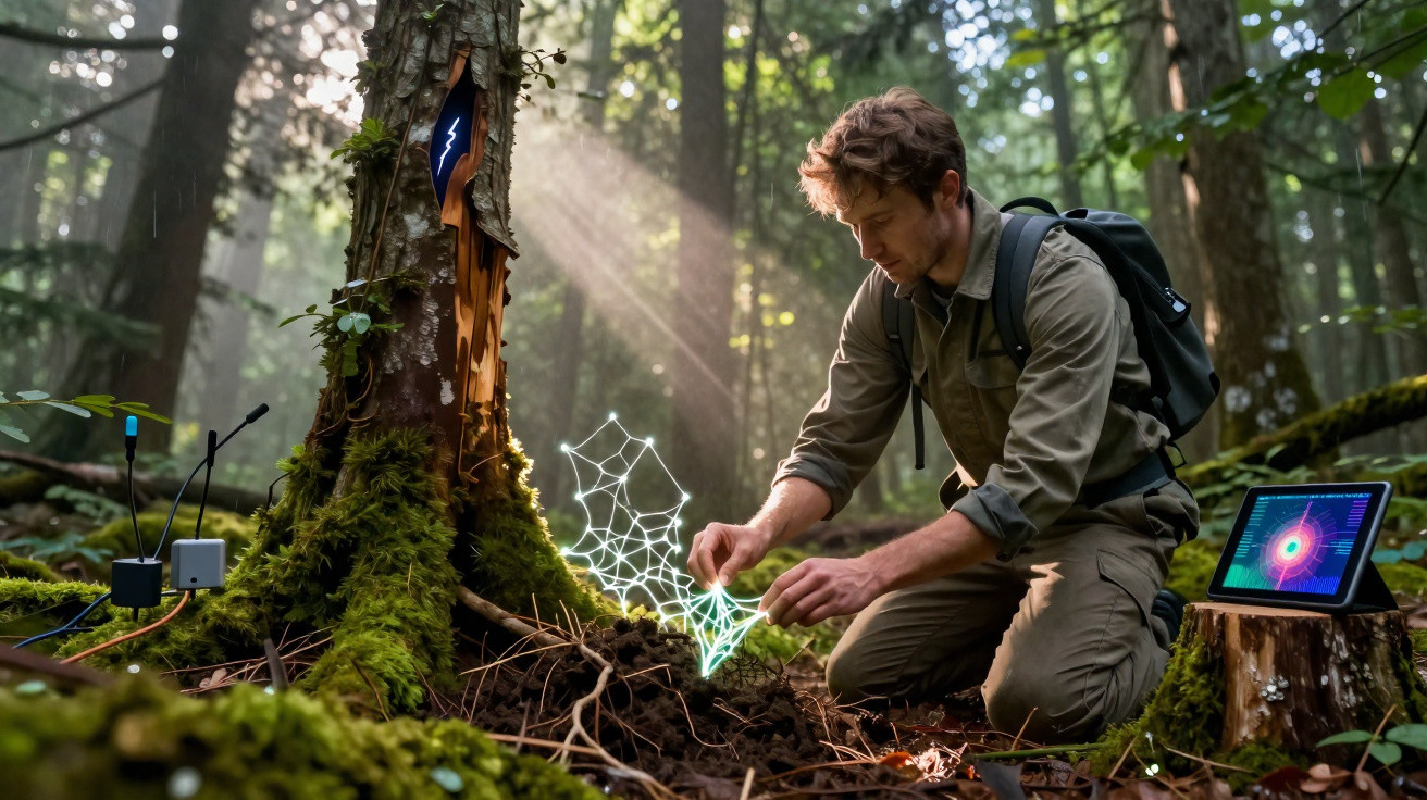 Homem em floresta usa tecnologia para analisar e reconstruir teia de aranha próxima a árvore.