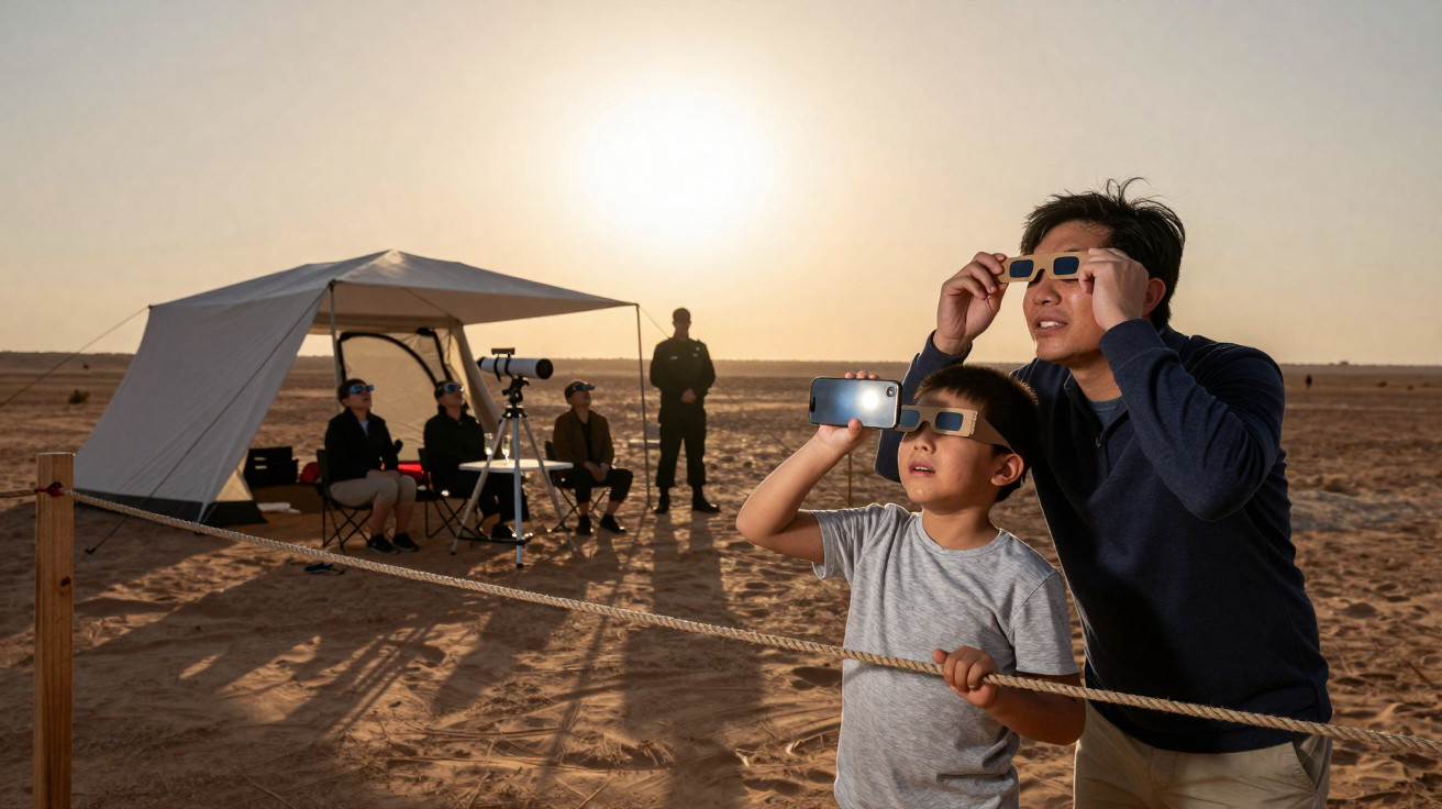 Pai e filho com óculos especiais observam o céu durante eclipse solar, com pessoas e equipamento ao fundo no deserto.