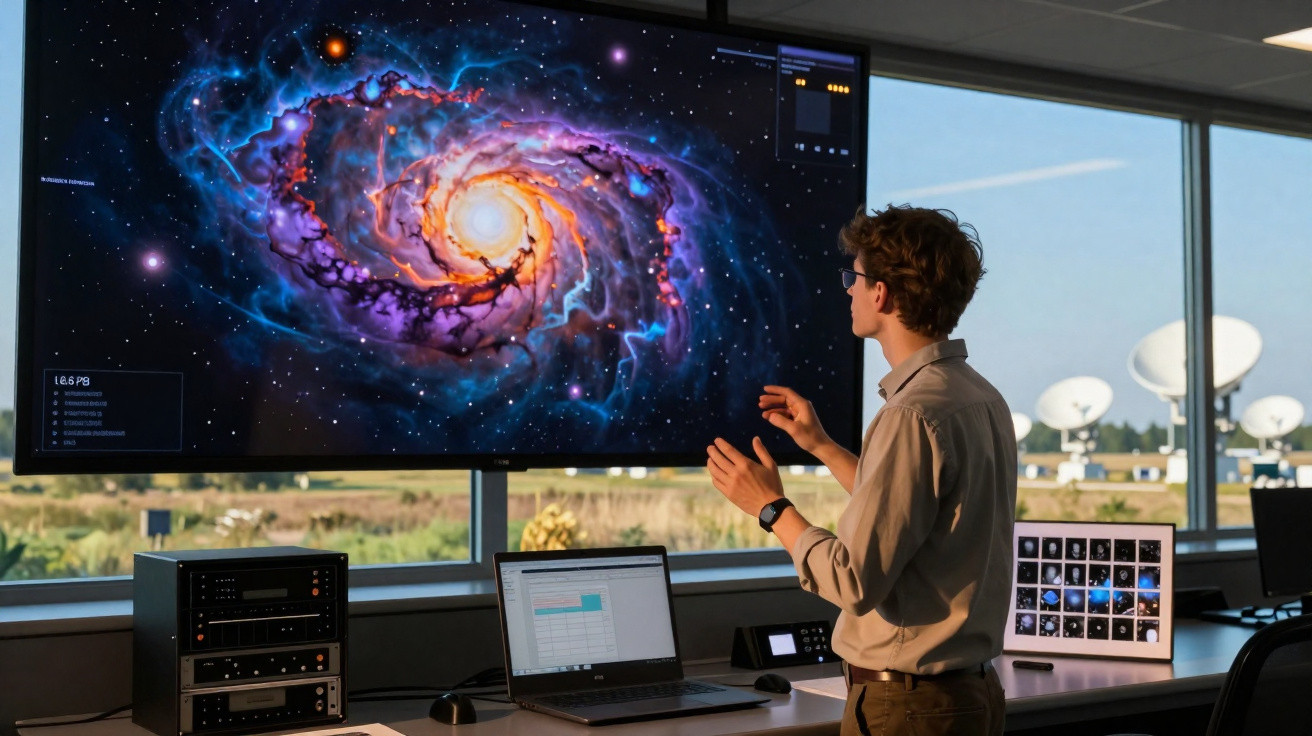 Jovem cientista observa e analisa imagem digital de galáxia espiral em escritório com antenas parabólicas ao fundo.