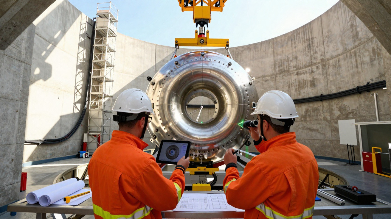 Dois engenheiros com capacetes e roupas laranja trabalham em equipamento metálico circular em ambiente industrial.