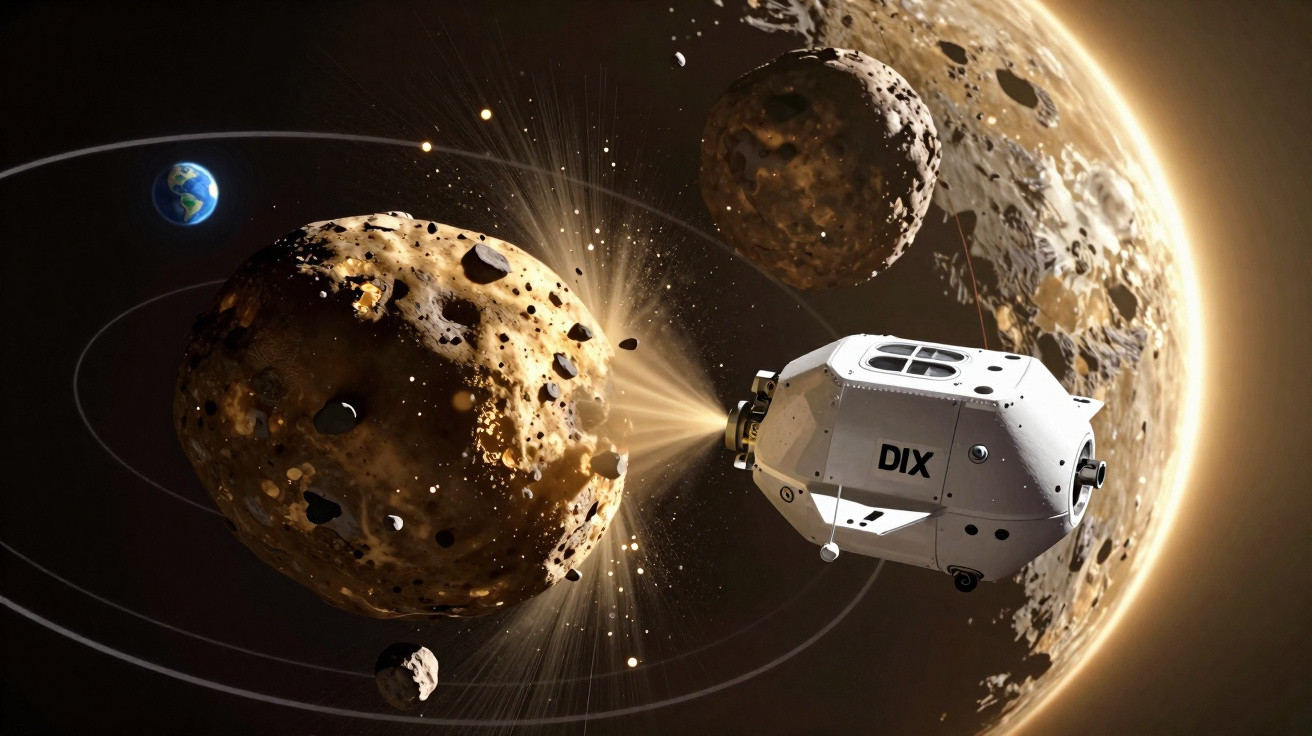 Nave espacial DIX analisando asteróide próximo à Terra com luz brilhante e detritos no espaço.