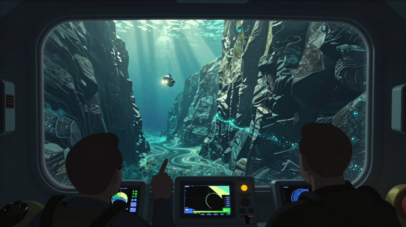 Dois homens observam pelo painel de um submersível um robô explorando um canyon subaquático iluminado pela luz solar.