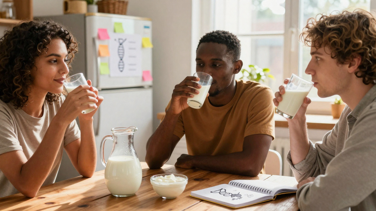 Três jovens sentados à mesa bebendo leite, com jarra e caderno aberto entre eles.