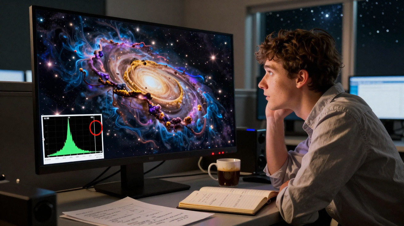 Jovem estudando galáxia colorida em computador, com caderno e café na mesa.