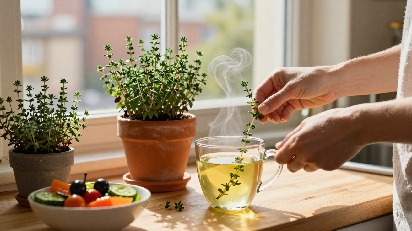 Mãos seguram ramo de ervas para infusionar em chá quente ao lado de vasos com plantas e bowl de legumes.