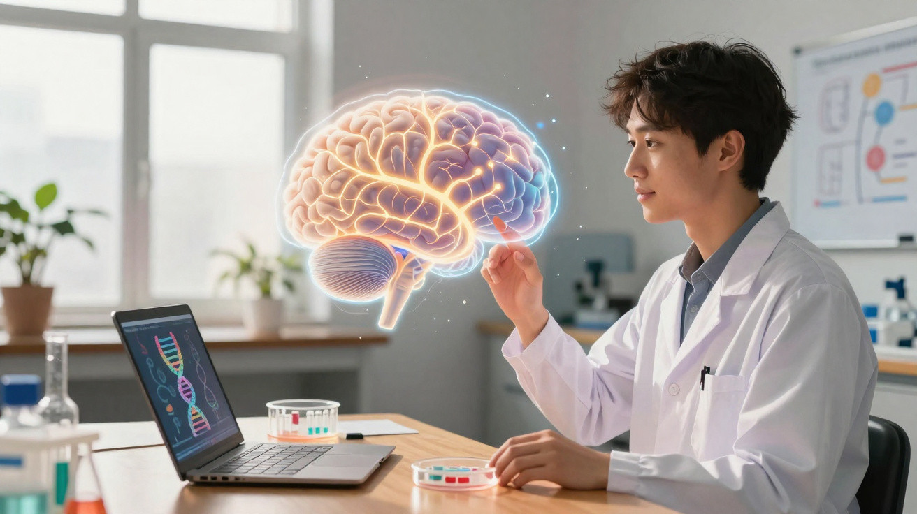 Pesquisador em laboratório interagindo com modelo holográfico do cérebro humano.
