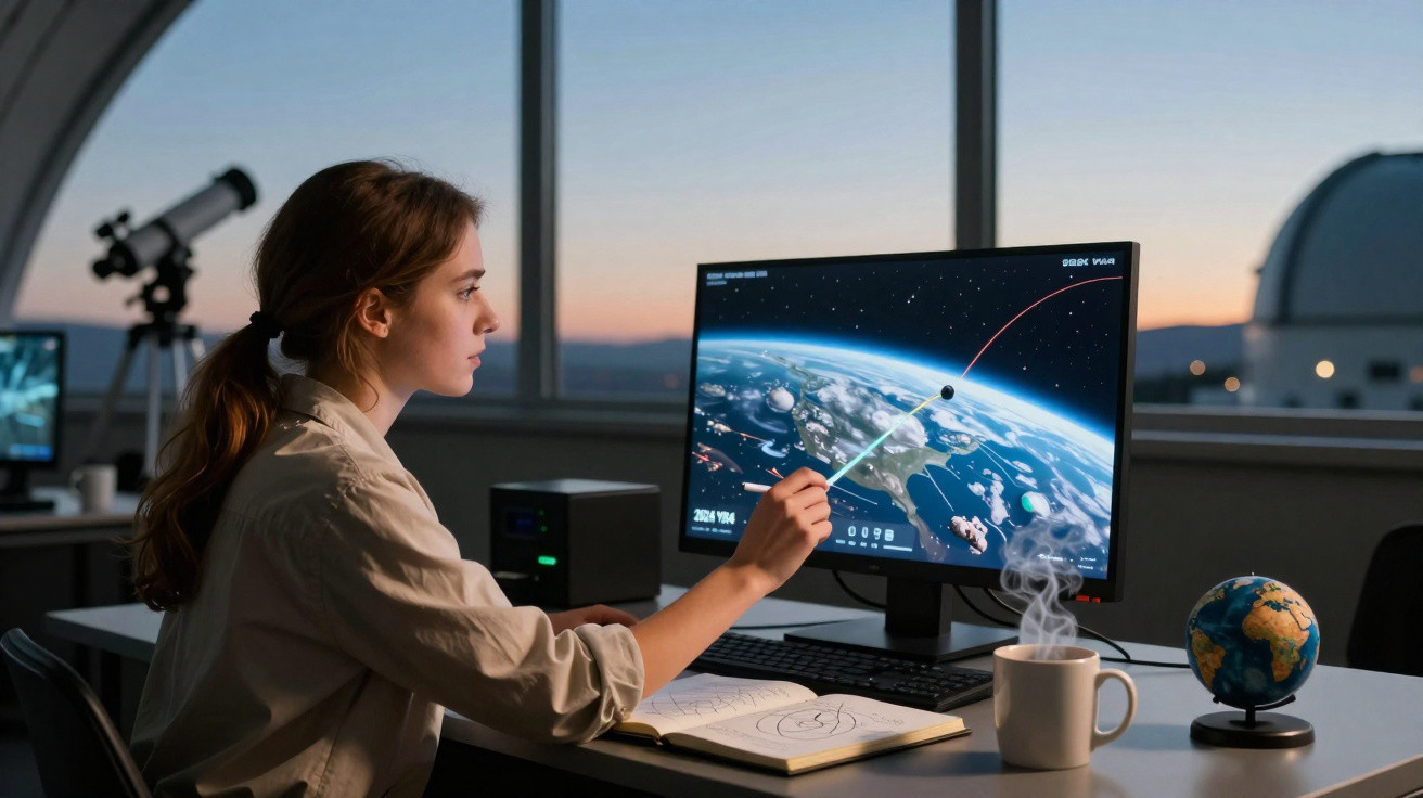 Mulher analisando dados espaciais no computador em escritório com telescópio e globo terrestre ao fundo.