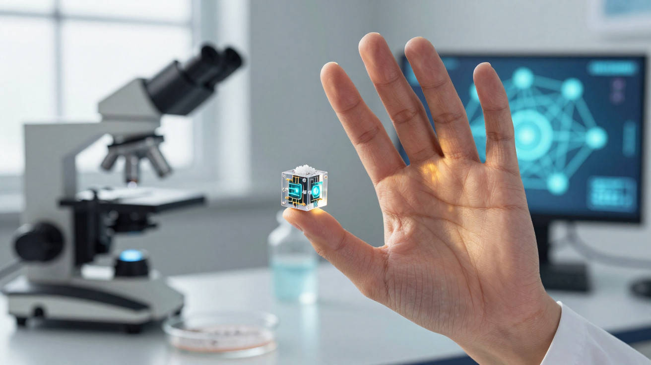 Mão segurando um pequeno cubo tecnológico futurista com fundo de laboratório e microscópio.
