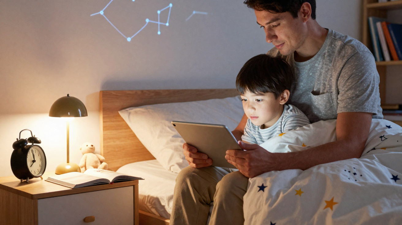 Pai e filho sentados na cama lendo tablet, com abajur aceso e ursinho ao lado num quarto à noite.