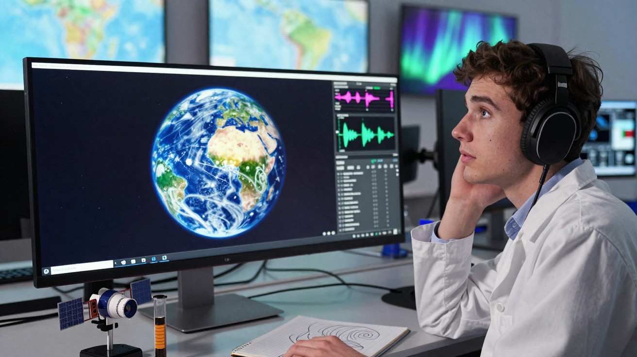 Jovem cientista usa fones de ouvido enquanto analisa imagens e dados do planeta Terra em um computador.