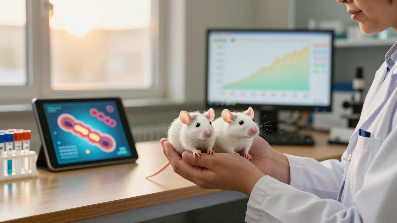 Pesquisadora segura dois ratos brancos em laboratório com gráficos em telas ao fundo.
