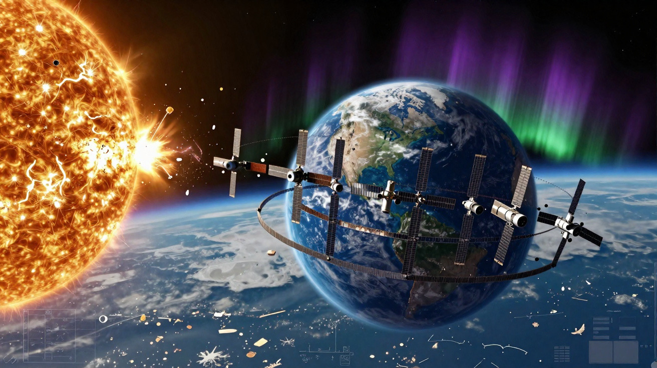 Ilustração do Sol, Terra com auroras e estação espacial orbitando o planeta no espaço sideral.