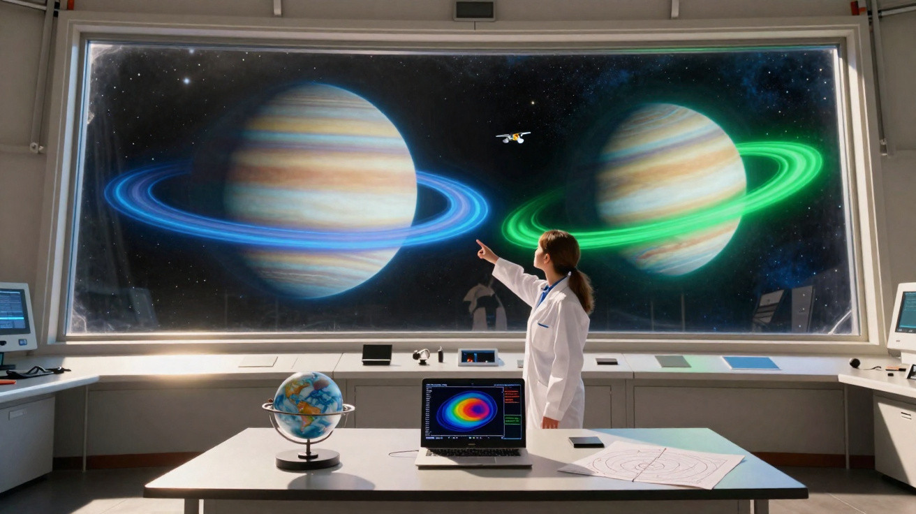 Mulher cientista aponta para planetas enormes com anéis coloridos em tela no laboratório moderno.