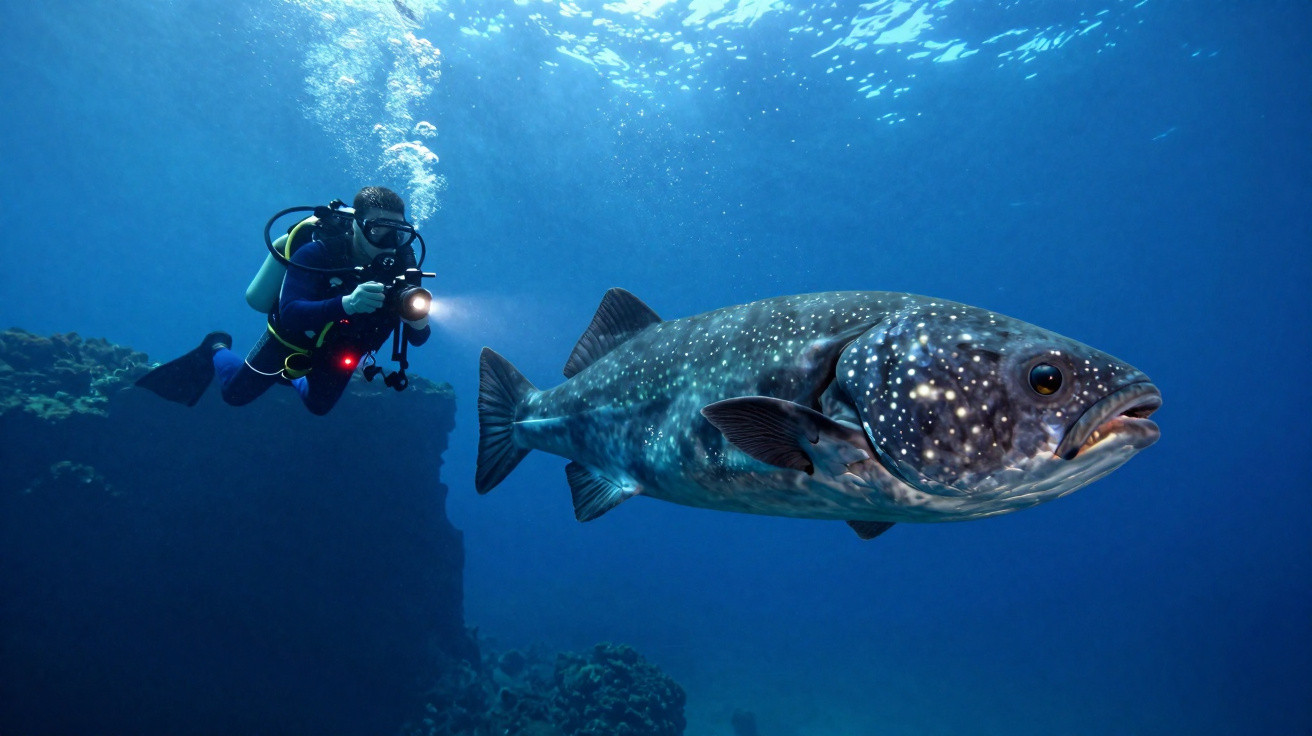 Mergulhador com equipamento de câmera subaquática fotografando um peixe gigante embaixo d'água.