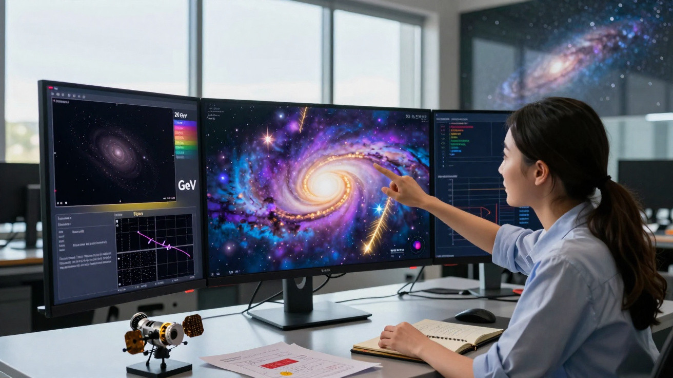 Mulher analisa imagens e gráficos de galáxias em três monitores em ambiente de escritório moderno.