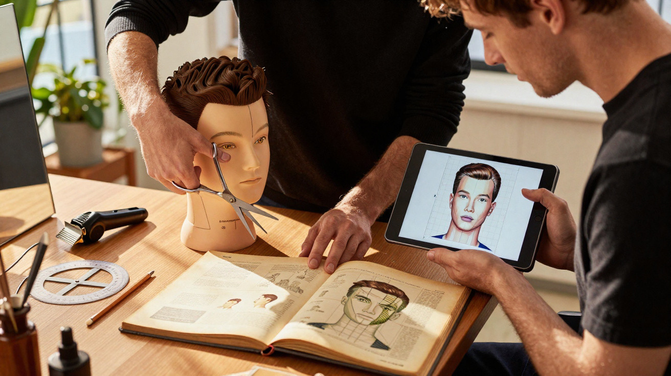Pessoa aparando peruca em manequim com tesoura enquanto consulta imagem de corte masculino em tablet e livro aberto.