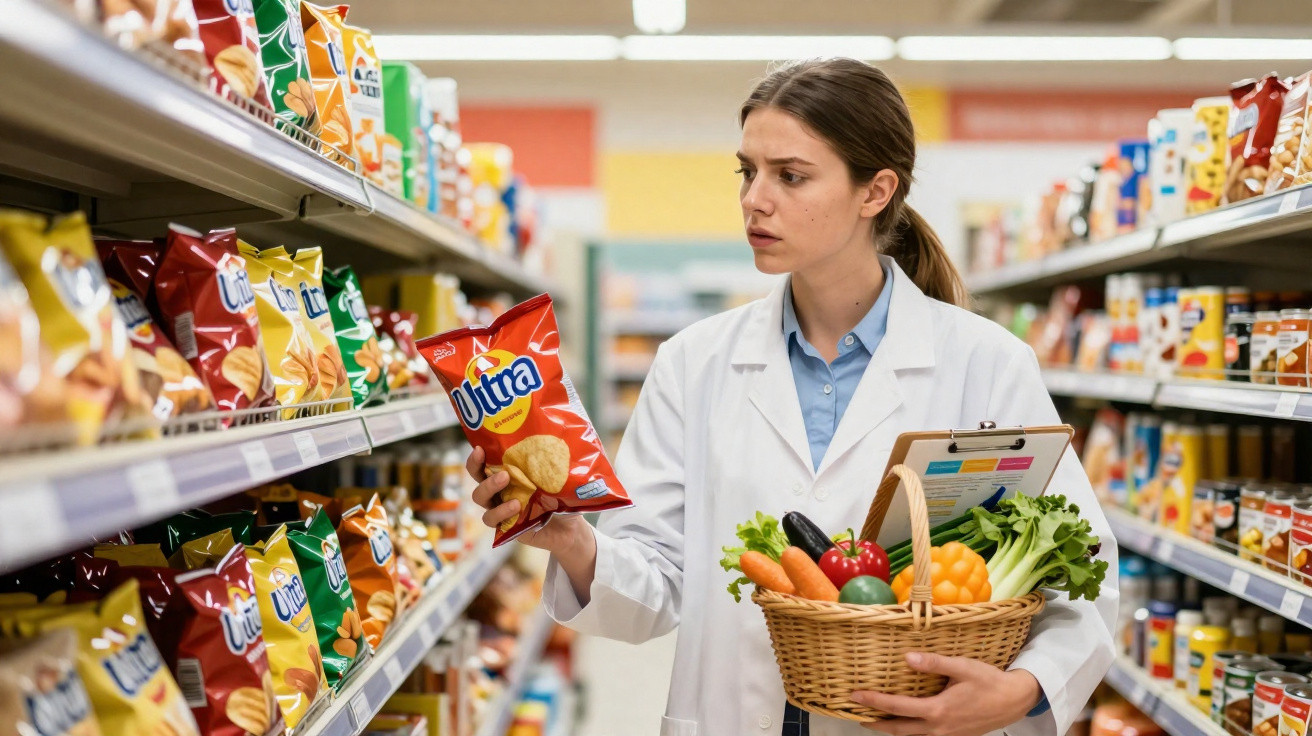 Mulher com jaleco branco segurando cesta de legumes e analisando pacote de salgadinho no supermercado.