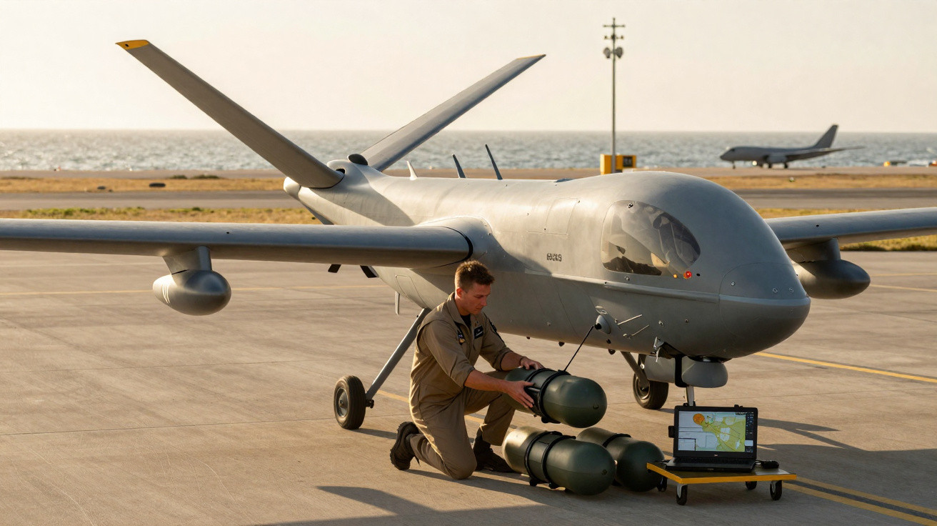 Homem em uniforme prepara bombas ao lado de drone cinza em pista de aeroporto com mar ao fundo.
