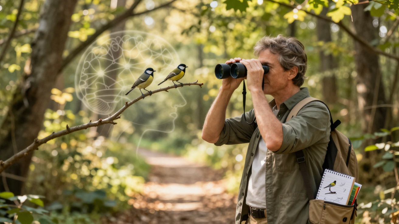 Homem observa pássaros com binóculos na floresta, com desenho de cérebro e rosto em luz ao fundo.