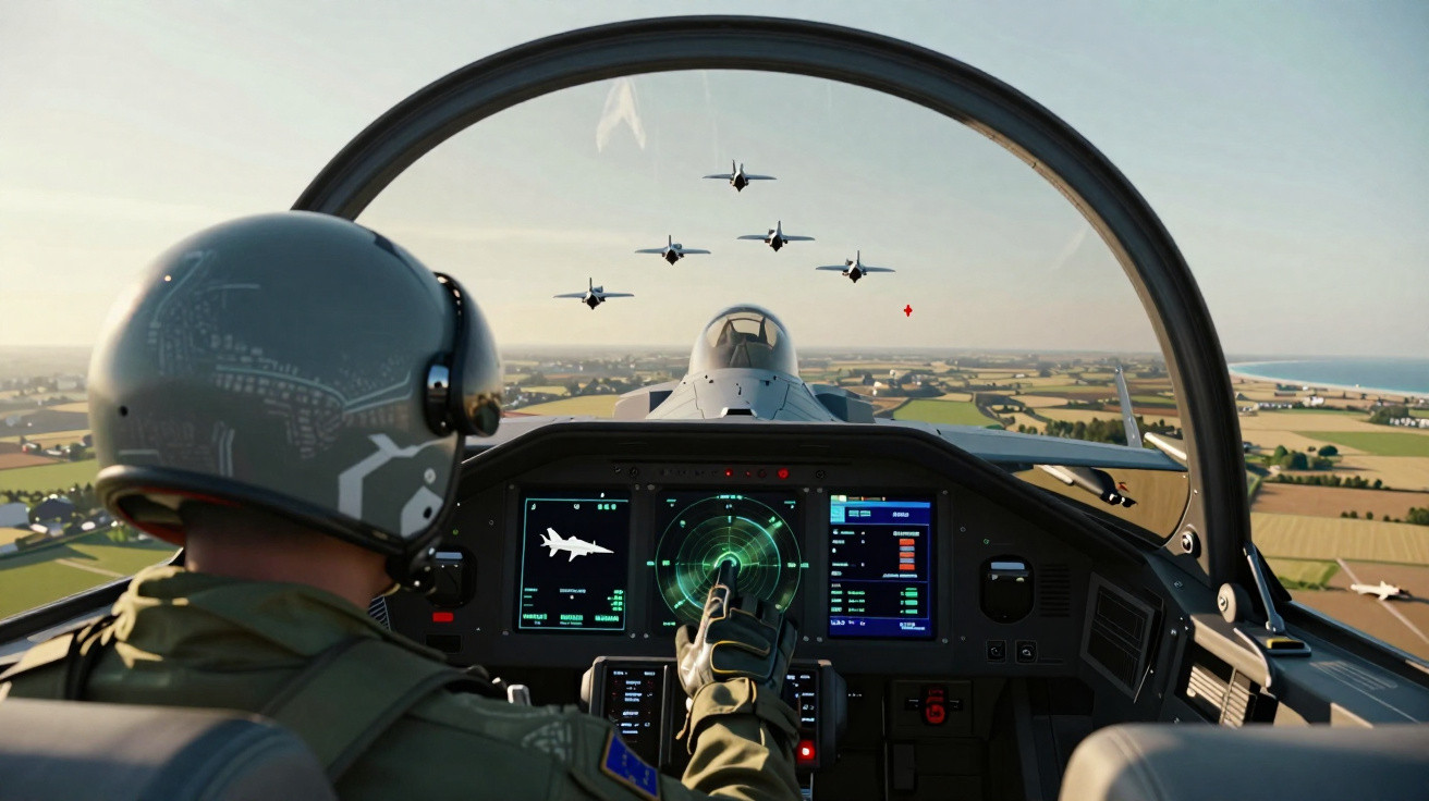 Piloto em cockpit de avião militar voando em formação com outras cinco aeronaves sobre áreas agrícolas.