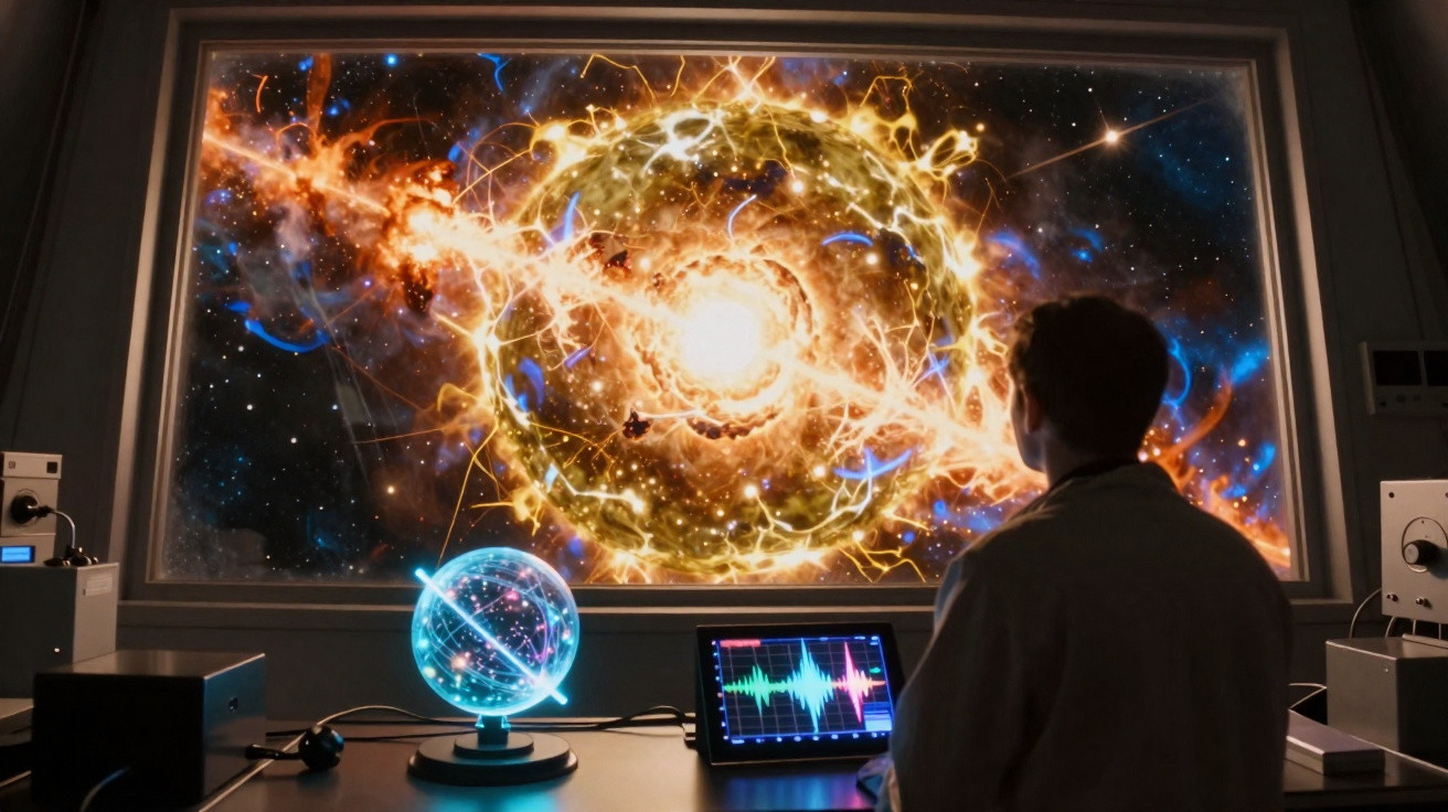 Pessoa em laboratório observando uma simulação vibrante de explosão espacial em tela grande.