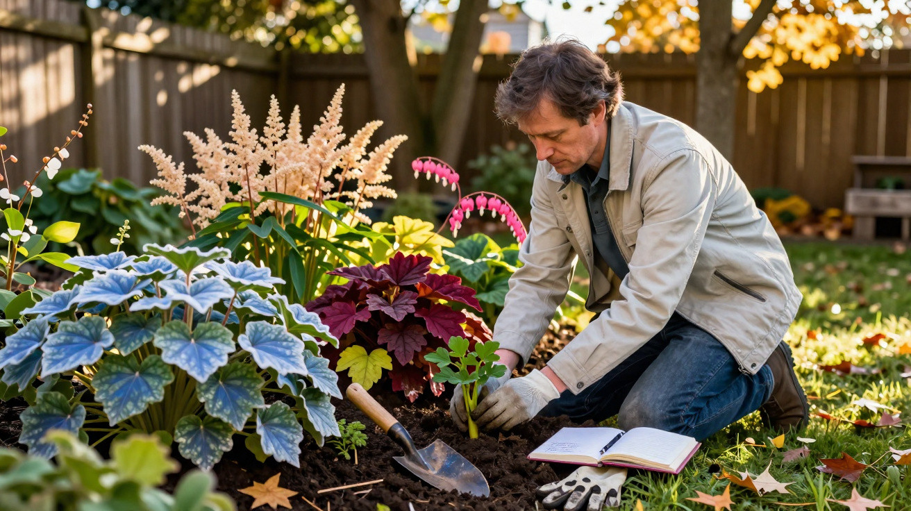 Homem plantando muda em jardim com flores coloridas em área externa ensolarada.
