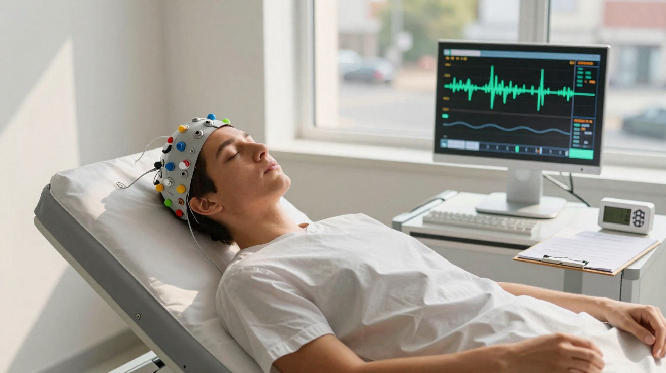 Paciente deitado em clínica com capacete de eletroencefalograma conectado a monitor mostrando ondas cerebrais.