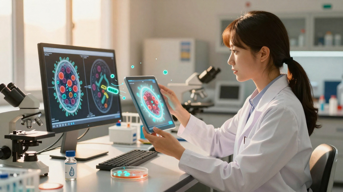 Cientista analisando imagens digitais de células ao microscópio em laboratório moderno.