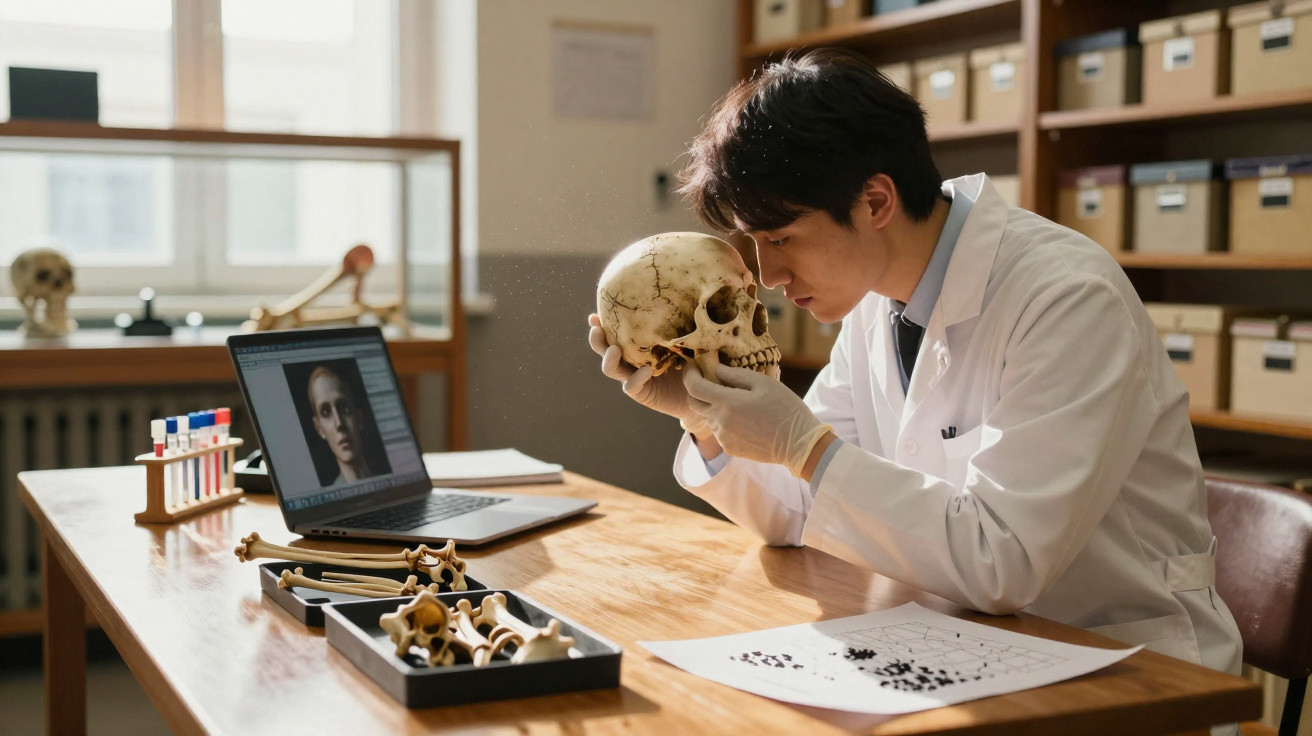 Homem de jaleco branco analisa crânio humano em laboratório com laptop e ossos em mesa de madeira.