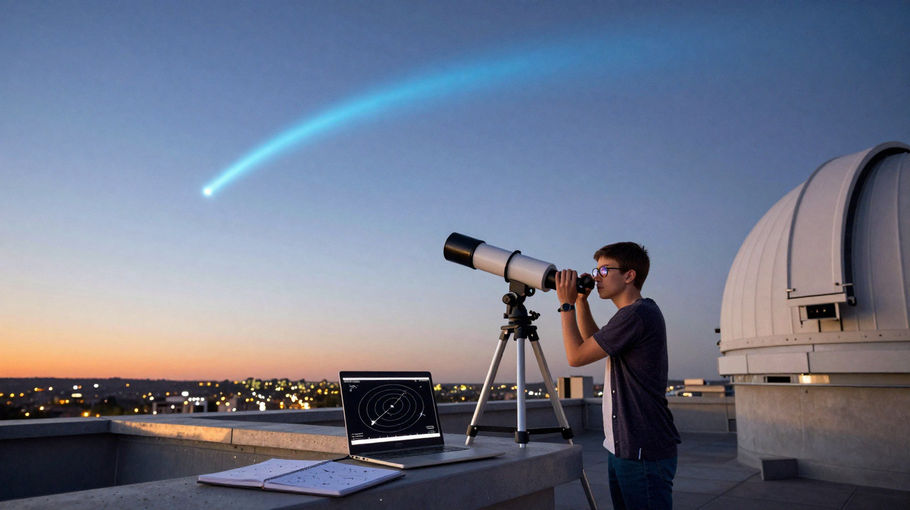 Jovem observa o céu com telescópio no observatório ao anoitecer, com cometa brilhante no céu.