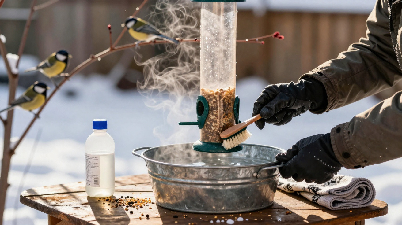Pessoa com luvas limpando com escova alimentador de pássaros em mesa com neve ao fundo