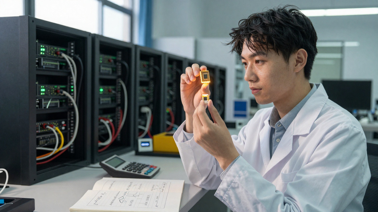 Homem em jaleco segurando chips eletrônicos em laboratório com equipamentos de tecnologia ao fundo.