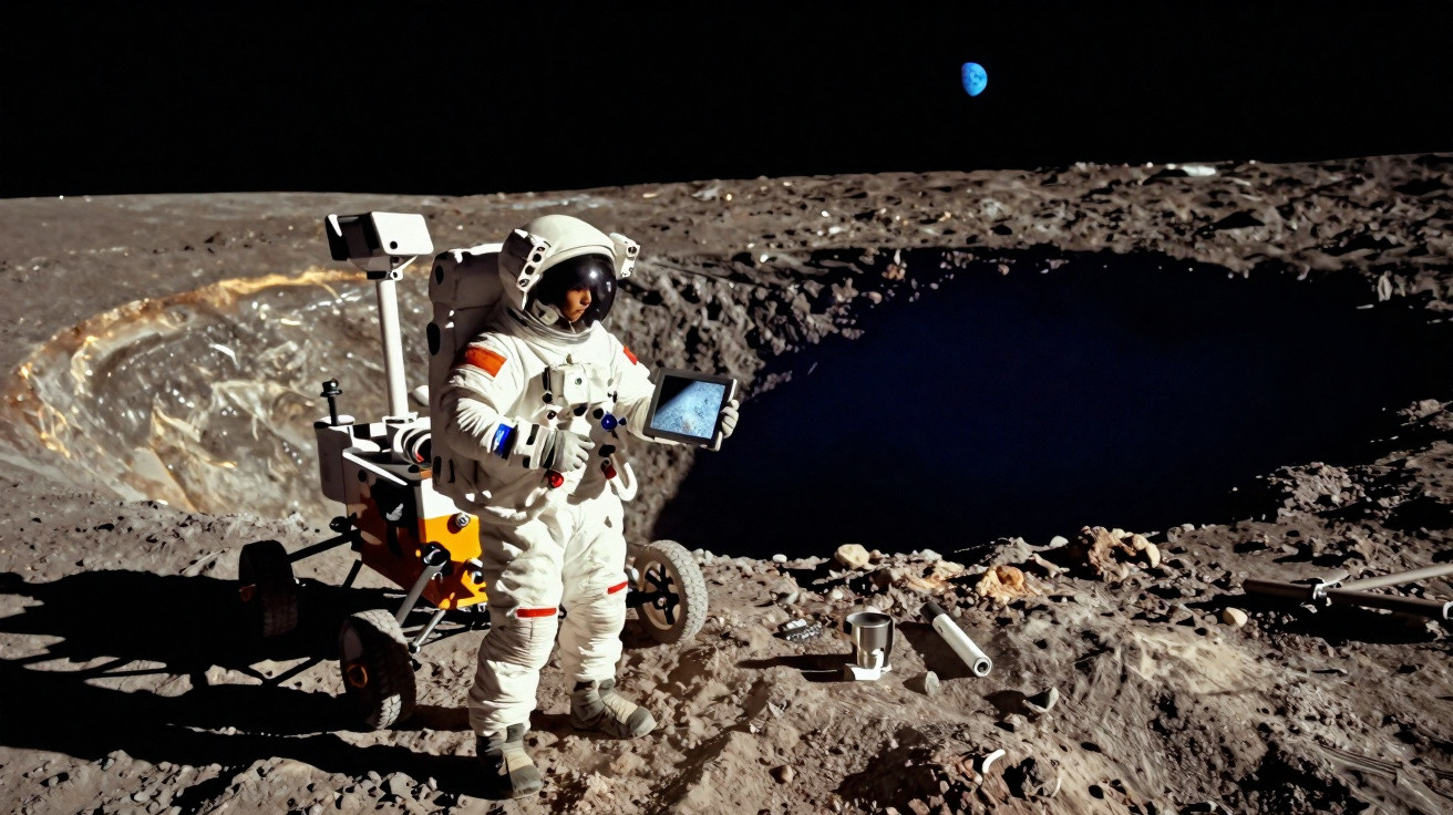 Astronauta em traje espacial na superfície lunar com equipamento e Terra ao fundo.