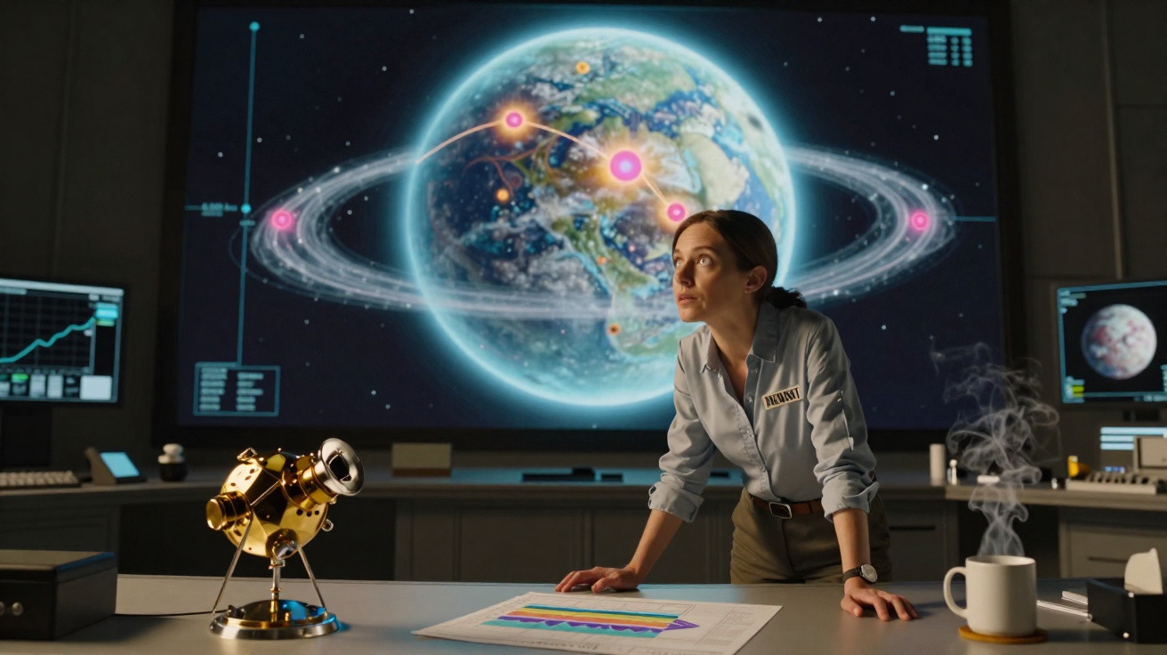 Mulher em sala de controle observa mapa da Terra com órbitas e dados em tela digital ao fundo.