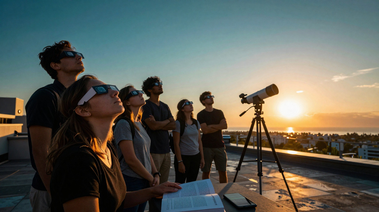 Grupo de pessoas usando óculos especiais observa eclipse solar ao pôr do sol em terraço.