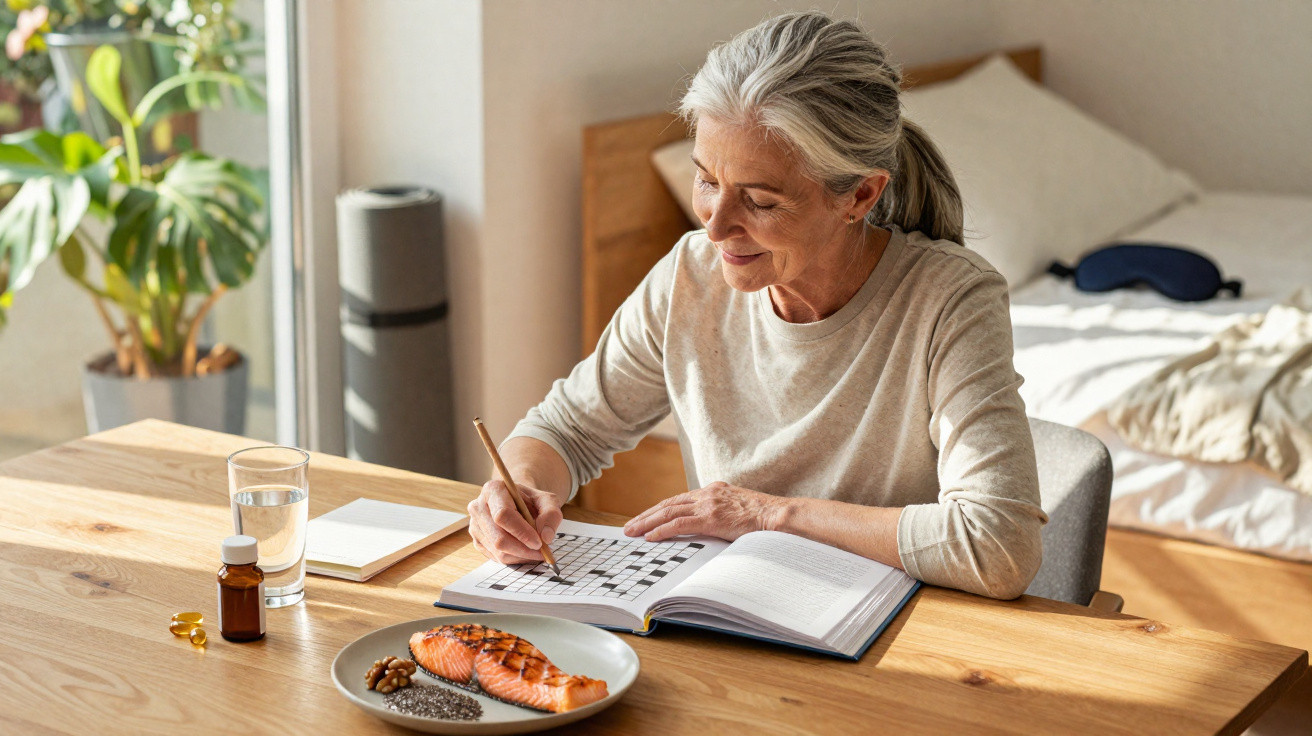 Mulher idosa sorridente fazendo palavras cruzadas à mesa com prato de salmão e copo de água.