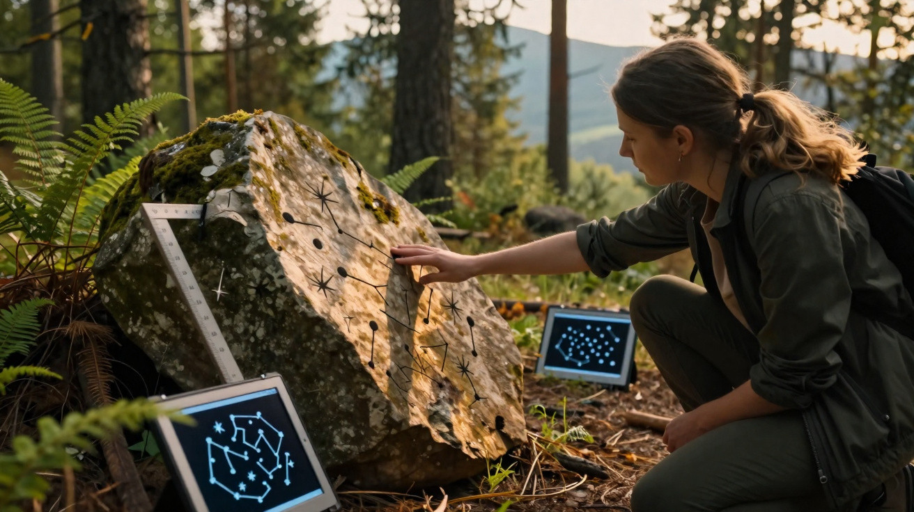 Mulher observa e toca em pedra com desenhos de constelações em floresta illuminated por luz do sol.